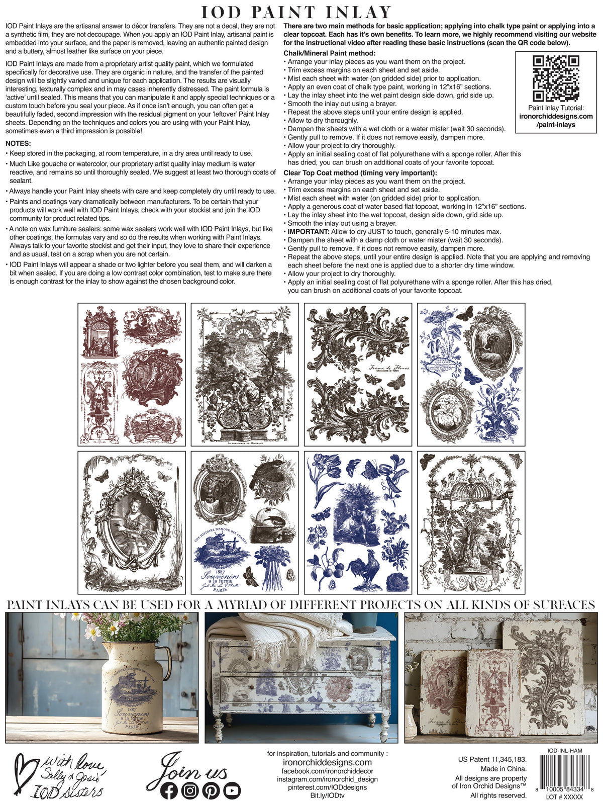 Hameau de la Reine Paint Inlay instruction sheet by I.O.D. with care notes, tips, and French farmhouse decor ideas.