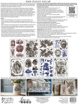 Hameau de la Reine Paint Inlay instruction sheet by I.O.D. with care notes, tips, and French farmhouse decor ideas.