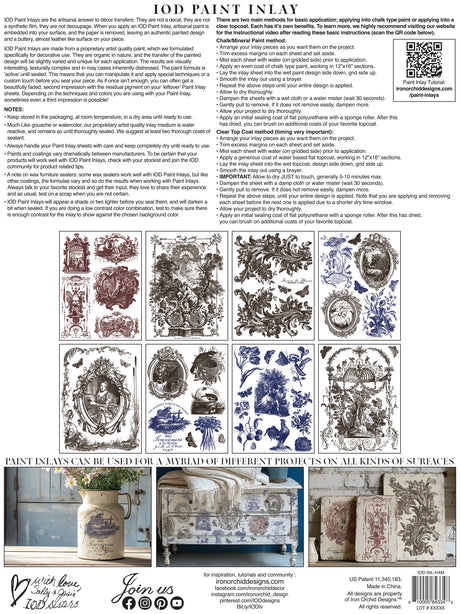 Hameau de la Reine Paint Inlay instruction sheet by I.O.D. with care notes, tips, and French farmhouse decor ideas.