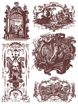 Six French farmhouse illustrations with floral and architectural details by I.O.D. Hameau de la Reine Paint Inlay.