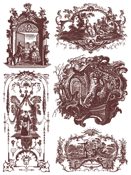 Six French farmhouse illustrations with floral and architectural details by I.O.D. Hameau de la Reine Paint Inlay.