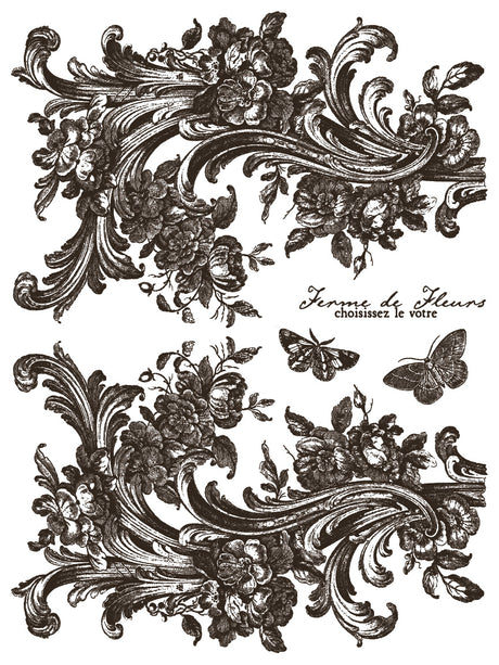 Hameau de la Reine Paint Inlay by I.O.D. with ornate florals, butterflies, and French text for decor.