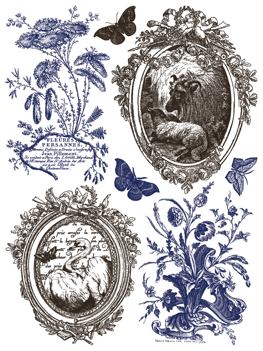 Hameau de la Reine Paint Inlay by I.O.D. featuring botanical and animal prints for French farmhouse decor.