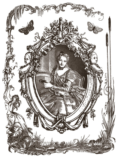 Hameau de la Reine Paint Inlay by I.O.D. featuring vintage French farmhouse motifs with butterflies and flourishes.