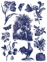 Hameau de la Reine Paint Inlay by IOD featuring vintage botanicals, butterflies, and figures.