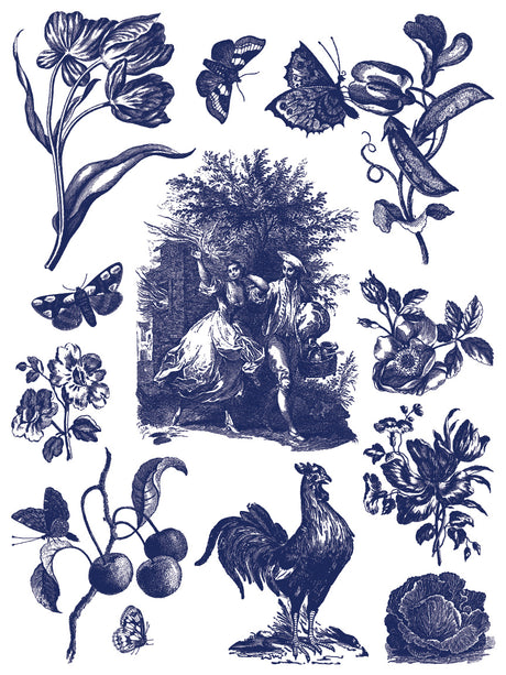 Hameau de la Reine Paint Inlay by IOD featuring vintage botanicals, butterflies, and figures.