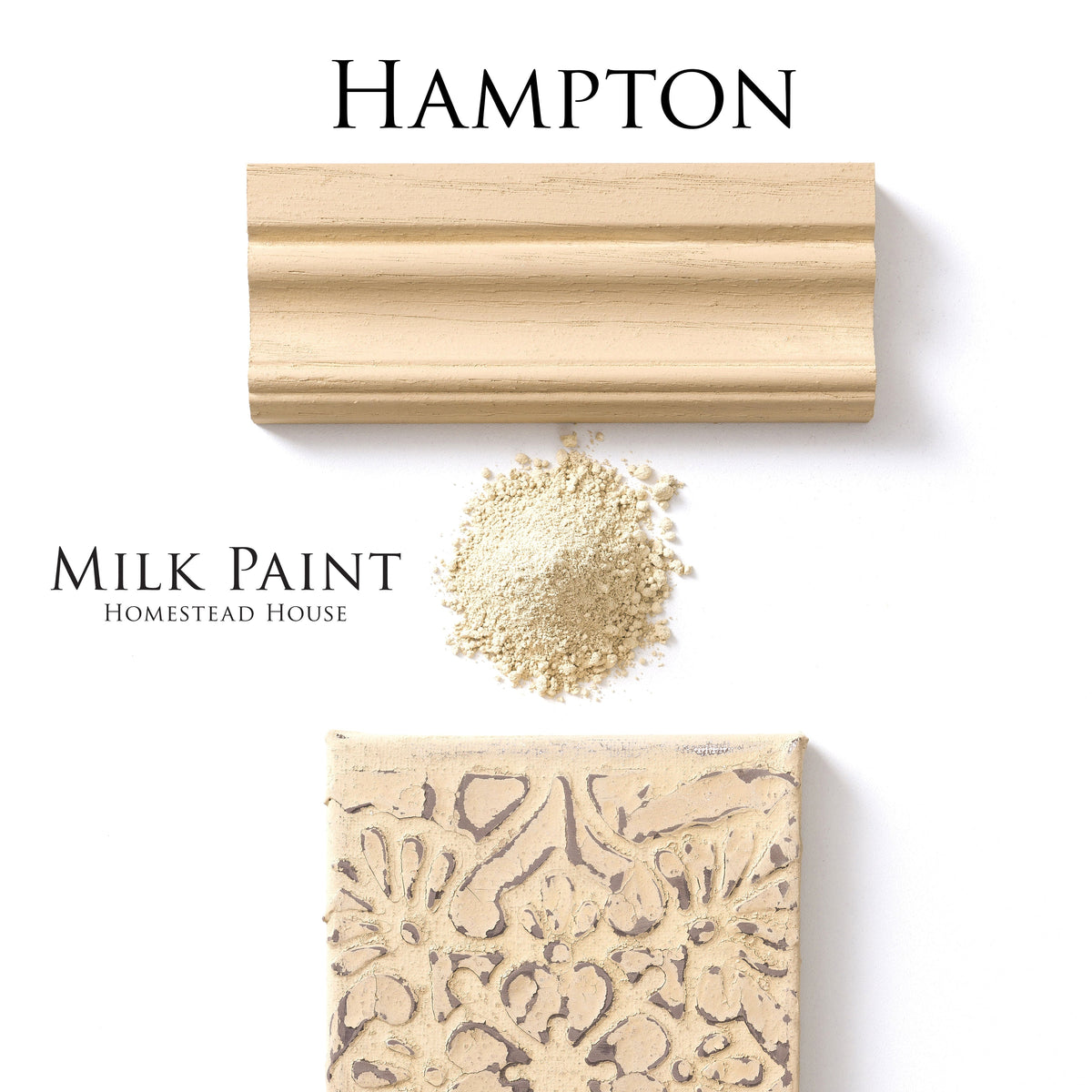 Hampton Milk Paint sample by Homestead House with powder, molding, and tile on a white background.