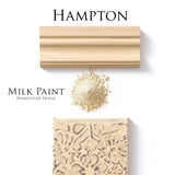 Hampton Milk Paint sample by Homestead House with powder, molding, and tile on a white background.