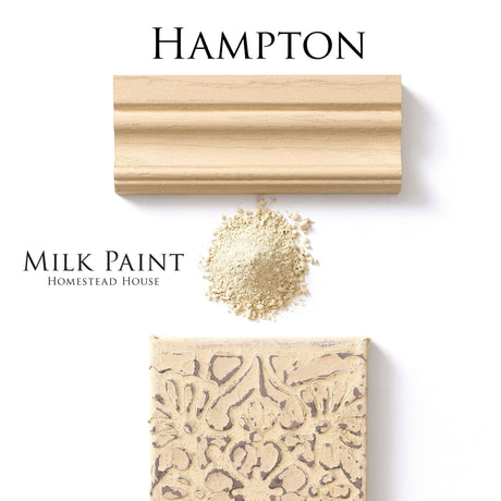 Hampton Milk Paint sample by Homestead House with powder, molding, and tile on a white background.