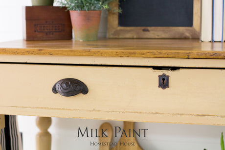 Hampton Milk Paint by Homestead House applied to a wooden table drawer for a vintage farmhouse look.