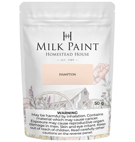 50g Hampton Milk Paint pouch by Homestead House with floral art, brand logo, and health warning at the bottom.