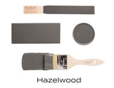 Hazelwood Fusion Mineral Paint samples: stick, panel, can, and brush in deep grey by Fusion Mineral Paint.