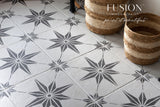 White tile floor with black star pattern, woven baskets, Fusion Mineral Paint “Hazelwood” text at top right.