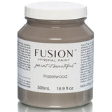 500mL jar of Fusion Mineral Paint in Hazelwood, deep grey shade, with product label and instructions visible.
