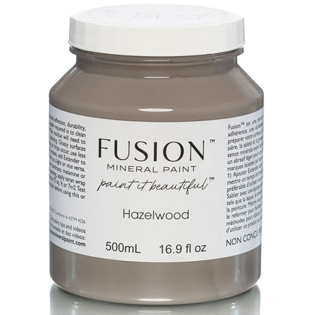 500mL jar of Fusion Mineral Paint in Hazelwood, deep grey shade, with product label and instructions visible.