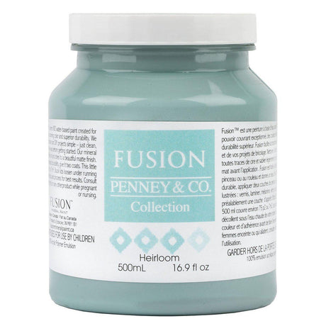500mL jar of Heirloom Fusion Mineral Paint (Seasonal) in vintage blue with label visible.