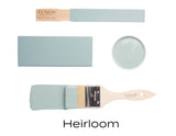 Heirloom Fusion Mineral Paint sample, brush, color swatches, and open blue-green Fusion Mineral Paint container.