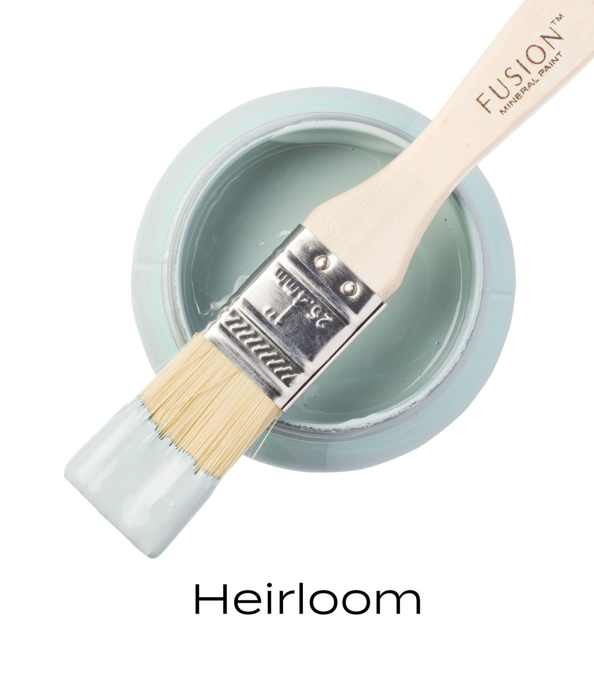 Paint jar with brush and Heirloom Fusion Mineral Paint in pale blue-green, Seasonal by Fusion Mineral Paint.