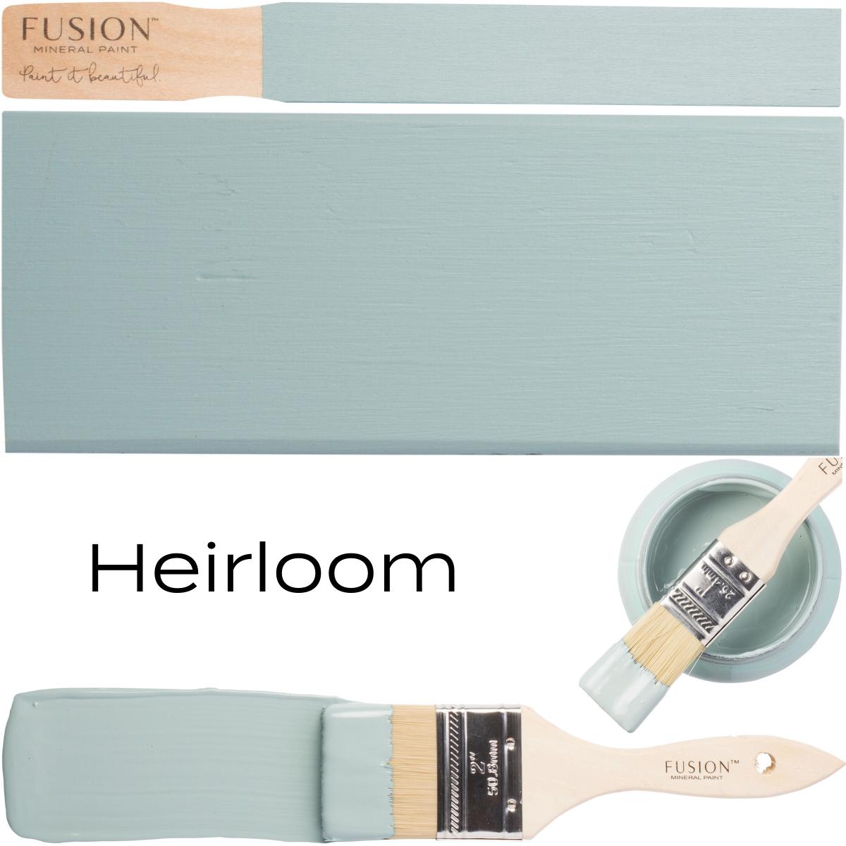 Paintbrush, open can, and swatch of Heirloom Fusion Mineral Paint (Seasonal) by Fusion Mineral Paint.