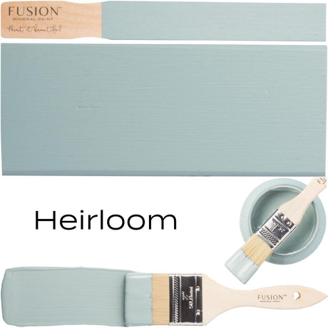 Paintbrush, open can, and swatch of Heirloom Fusion Mineral Paint (Seasonal) by Fusion Mineral Paint.