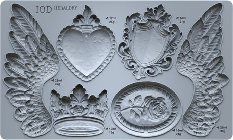 IOD Heraldry Mould with heart, shield, wings, crown, and rose shapes; includes volume info; brand: I.O.D.