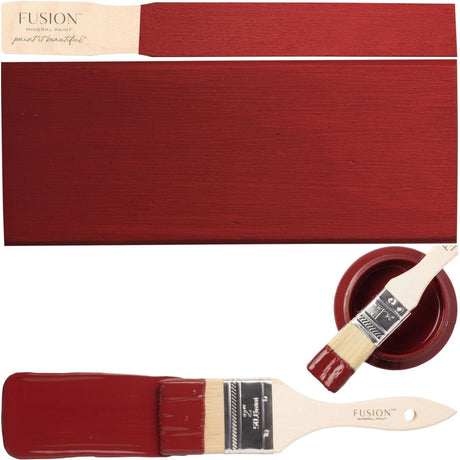 Paintbrush, scarlet red swatch, and Fusion Mineral Paint Highlander shade displayed together on a white background.