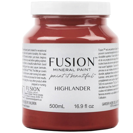500ml jar of Fusion Highlander Fusion Mineral Paint in bold scarlet red with detailed product label.