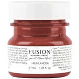 37 mL Highlander Fusion Mineral Paint in scarlet red, all-in-one formula, with branded label and white cap.