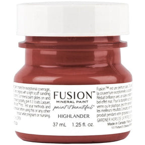 37 mL Highlander Fusion Mineral Paint in scarlet red, all-in-one formula, with branded label and white cap.