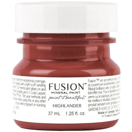37 mL Highlander Fusion Mineral Paint in scarlet red, all-in-one formula, with branded label and white cap.
