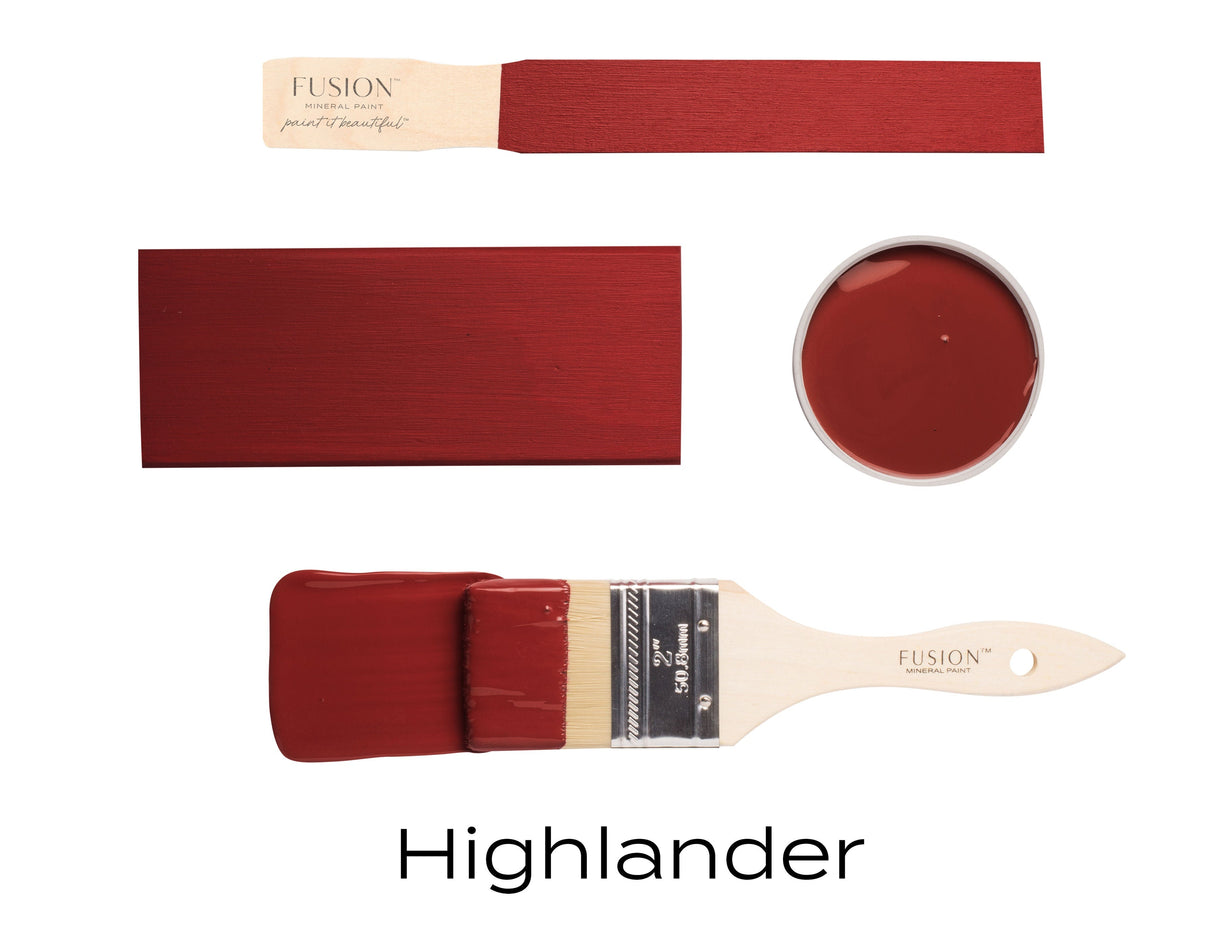 Fusion Mineral Paint Highlander scarlet red paint on brush, wood swatch, and round container.