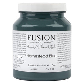 500ml Fusion Mineral Paint Homestead Blue with product label and text visible.