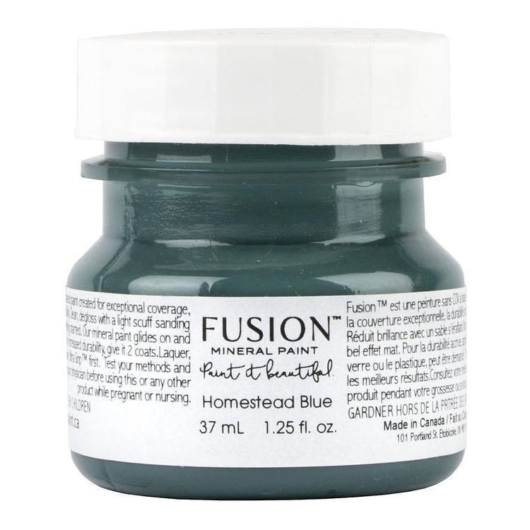 37mL jar of Homestead Blue Fusion Mineral Paint with white lid and Fusion Mineral Paint label.