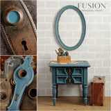 Table and mirror painted with Homestead Blue Fusion Mineral Paint, featuring antique hardware.