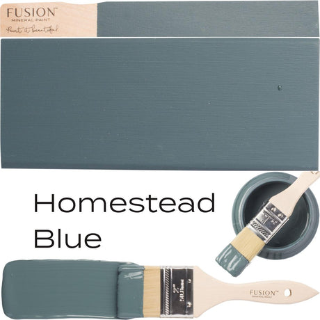 Homestead Blue Fusion Mineral Paint can, paintbrush with paint, and blue swatch.