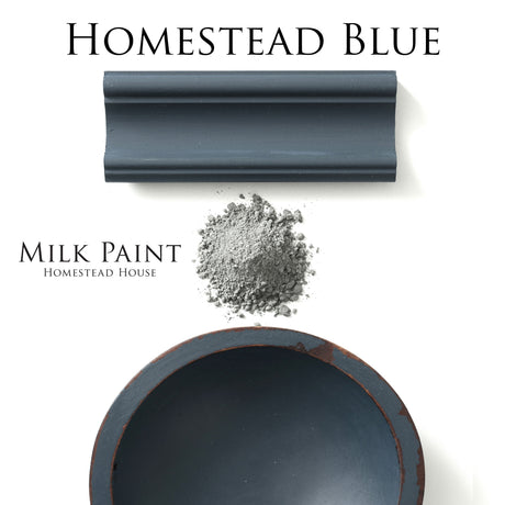 Homestead House Homestead Blue Milk Paint adds vintage blue color to trim, powder pile, and bowl.