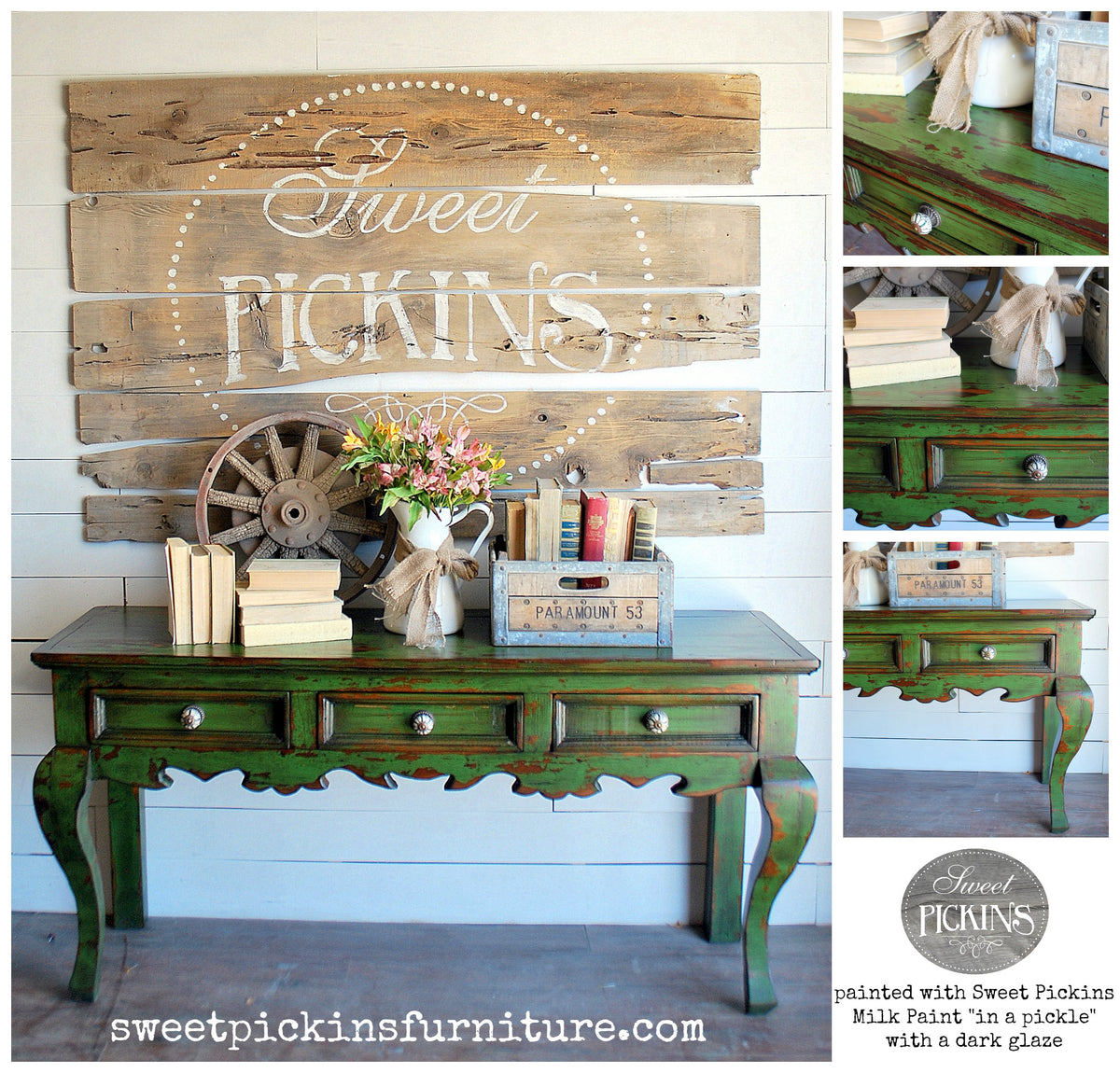 Green vintage table painted with In A Pickle – Sweet Pickins Milk Paint by Old Fashioned Milk Paint, farmhouse chic style.
