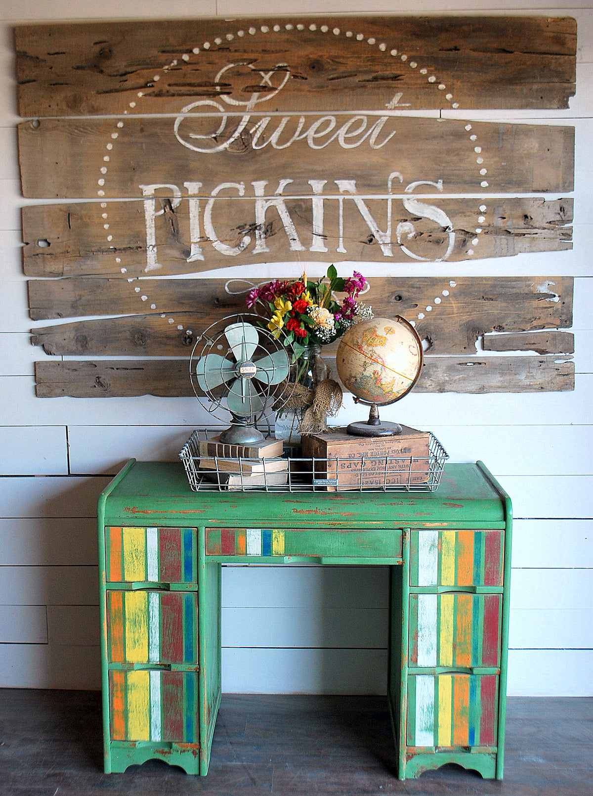 Green vintage desk painted in Old Fashioned Milk Paint “In A Pickle” finish.