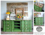 Green vintage dresser finished in In A Pickle – Sweet Pickins Milk Paint by Old Fashioned Milk Paint; floral accents.