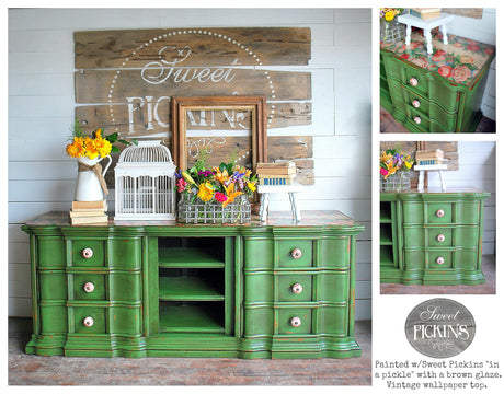 Green vintage dresser finished in In A Pickle – Sweet Pickins Milk Paint by Old Fashioned Milk Paint; floral accents.