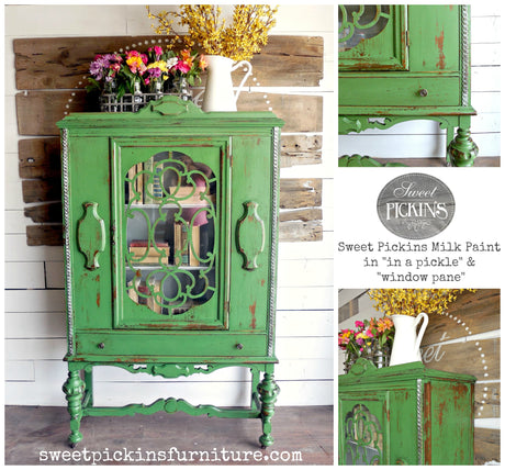 Green vintage cabinet with floral accents, painted in In A Pickle by Sweet Pickins Old Fashioned Milk Paint.