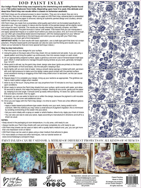 Indigo Floral Paint Inlay by IOD instruction sheet featuring blue floral patterns and application tips.