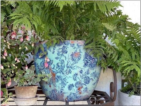 Blue floral pot with ferns, ivy, pink flowers; showcases IOD Indigo Floral Paint Inlay by I.O.D.