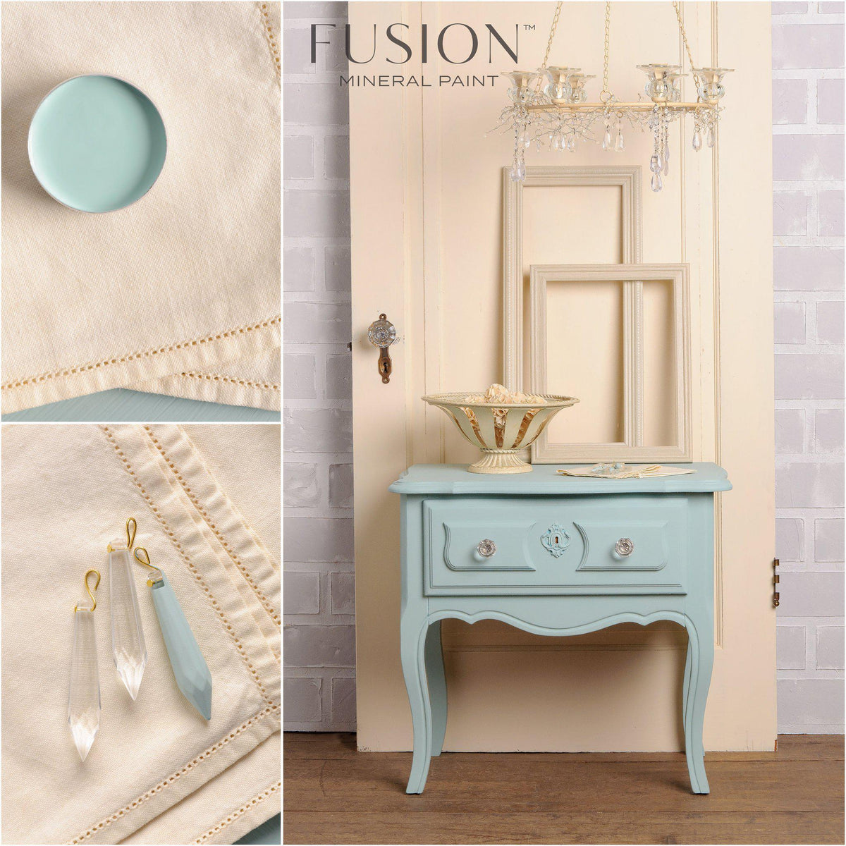 Small table painted with Inglenook Fusion Mineral Paint positioned by a door, empty frames and chandelier nearby.
