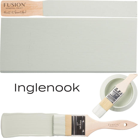 Inglenook by Fusion Mineral Paint soft blue-grey swatches, paint brush, and bowl displayed together.