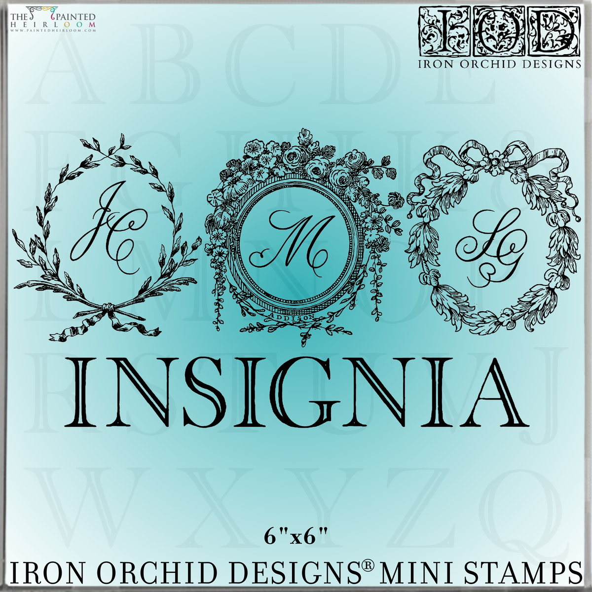 I.O.D. Insignia Mini-Stamp by Iron Orchid Designs on blue background.