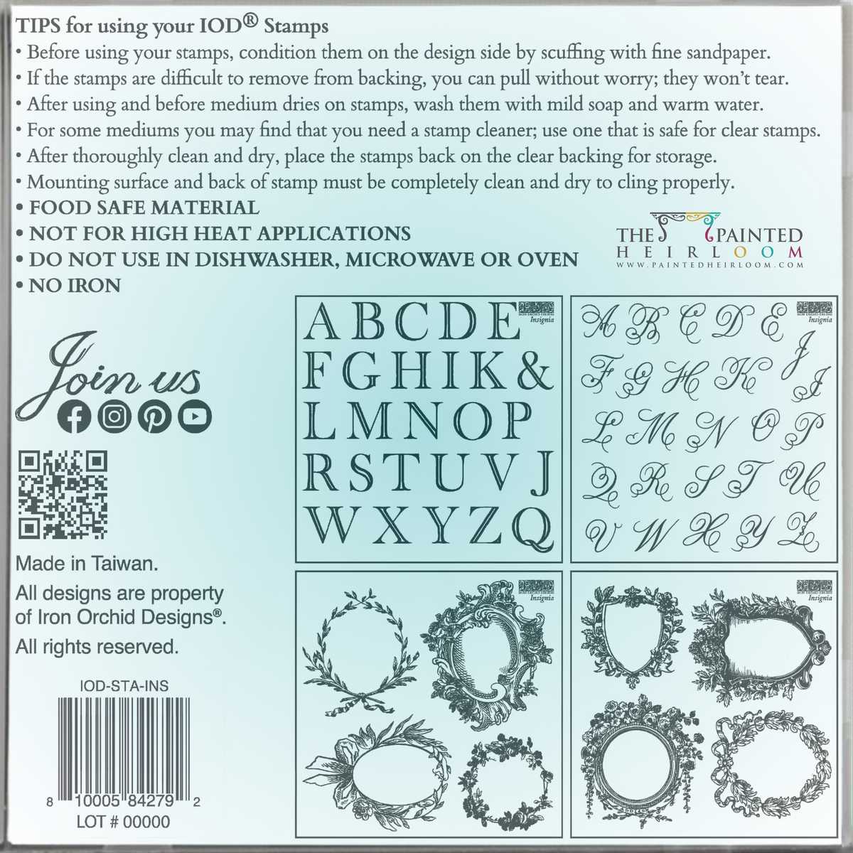 Back of Insignia Mini-Stamp by I.O.D. featuring letter stamps, frames, care tips, and brand information.