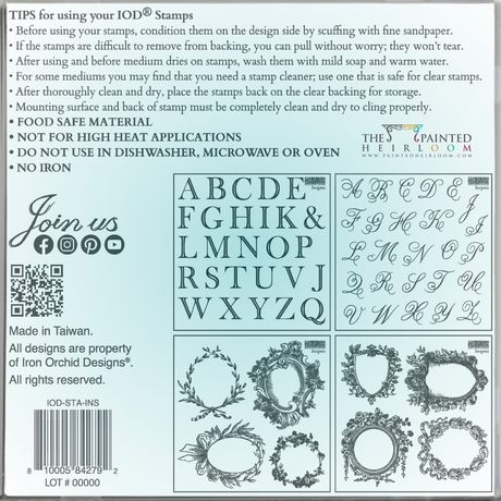 Back of Insignia Mini-Stamp by I.O.D. featuring letter stamps, frames, care tips, and brand information.