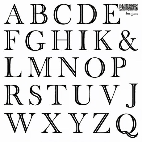 I.O.D. Insignia Mini-Stamp by Iron Orchid Designs showing serif uppercase alphabet chart with ampersand.