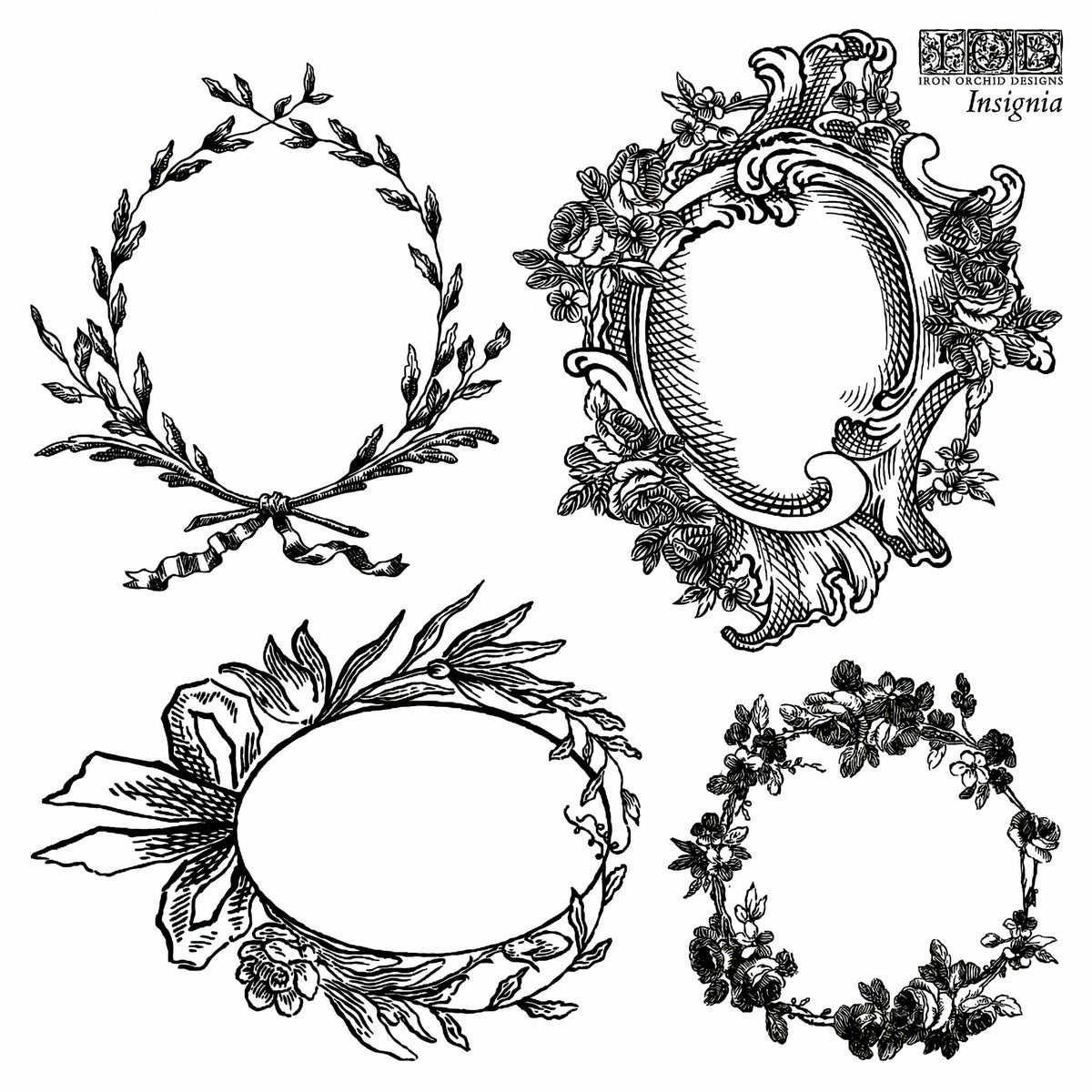 Set of four ornate vintage frames for customizing with IOD Insignia Mini-Stamp by Iron Orchid Designs.